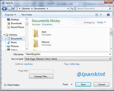 Menyimpan dokumen tabel dengan format Web Page